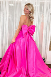 A-Line Fuchsia Satin Evening Dresses Straps Scoop Neck with Bow Mychicdress